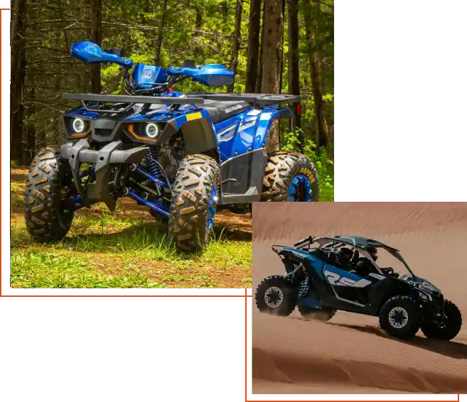 A blue and black atv parked in the woods next to a sand dune.